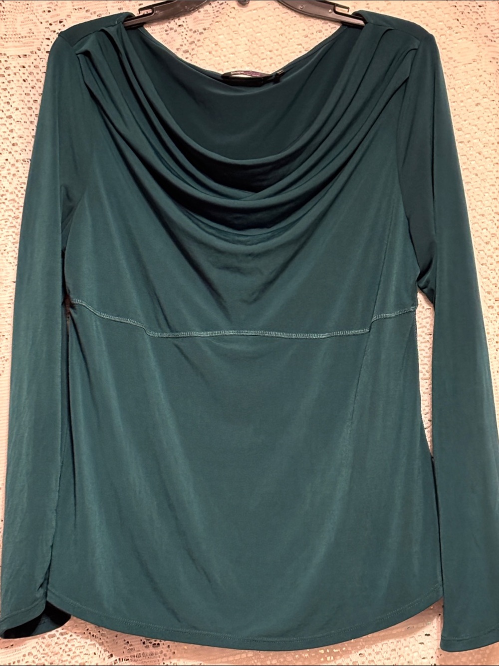 Women’s teal cowl neck pullover long sleeved top
